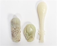 THREE CARVED CHINESE JADE OBJECTS, BELT HOOK