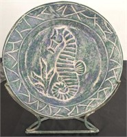 WROUGHT IRON SEAHORSE PLATE AND STAND
