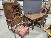 Antique Table, 5 Chairs & Hutch