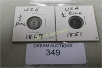 2x US 1/2 Dime .900 Silver 1851 & 1867