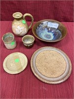6 unmatched art pottery items. Bowl, cruet,