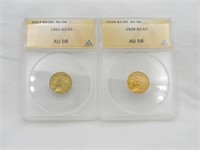 2 - $2 1/2 gold Indian Head 1914 & 1928 AU58 ANACS