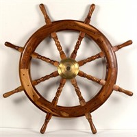 DECORATIVE WOOD AND BRASS SHIP'S WHEEL, turned