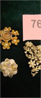 Set of 3 Cora Brooches/Pins Stamped/Signed