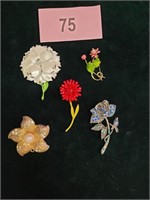 Group of 5 Flower Brooches/Pins