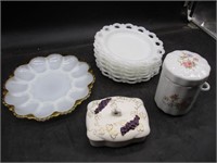 Vaseline Glass Egg Tray, Plates, Lidded Jars