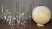 (14) glass chimneys, one milk glass ball shade