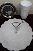 Milk Glass Plate & Glass & Chrome Butter Curler