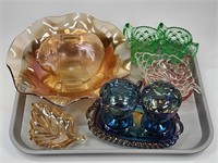 ASSORTED LOT OF CARNIVAL GLASS, GREEN GLASS +