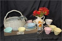 Lot of Pastel Dishes & egg beater & decor