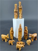 Primitive Hand Carved Olive Wood Nativity Set