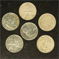 US Coins 6 90% Silver Half Dollars, circulated