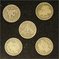 US Coins 5 Barber Half Dollars, circulated