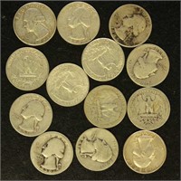 US Coins 13 Washington Silver Quarters, circulated