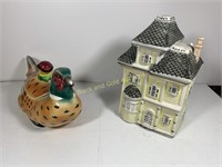 Covered pheasant dish and house cookie jar