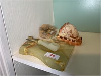 Carved seashell, geode, and alabaster ashtray