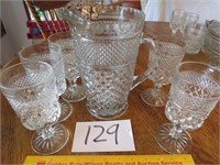 Large Oatmeal Glass Pitcher & 5 Heavy Glasses