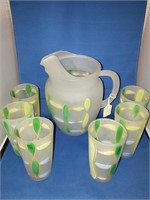 FROSTED HANDPAINTED PITCHER AND 6 GLASSES