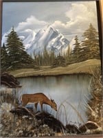 Painting on canvas of deer by water with m