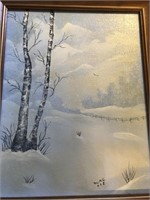 Painting of a snow scene with trees by Mary A