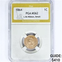 1864 Indian Head Cent PGA MS62 L On Ribbon,