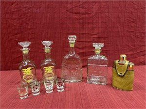 Liquor Decanters and shot glasses, various
