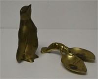 Brass Penguin Figure w/ Brass Lobster Ashtray