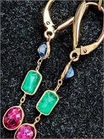 $1600 10K  Ruby Sapphire And Emerald Earrings
