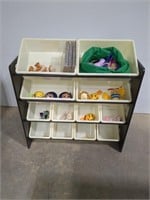 Wooden toy bin organizer with contents