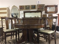ANTIQUE GRAINED OAK ROUND PEDESTAL TABLE W/CHAIRS