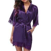 2pcs Womens Satin Lace Robe Set XS/S Purple