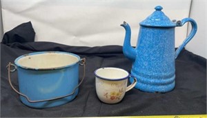 Enamel ware Blue speckled coffee pot, blue/white