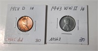 1943 WWII 1 Cent MS63 &  1958 D MS65 Red Lincoln 1