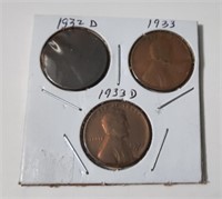 1932  D, & 1933 P & D Lincoln 1 Cent Coins