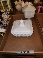 2 MILKGLASS COVERED CANDY DISHES- 1 IMPERIAL
