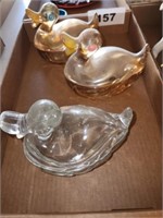 3 GLASS DUCK CANDY JARS- JEANETTE GLASS? MARIGOLD