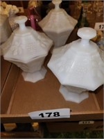 3 MILKGLASS COVERED CANDY JARS ON PEDESTALS