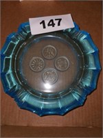VTG. BLUE FOSTORIA FROSTED COIN ASHTRAY
