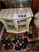 MINATURE BOTTLES LOT & 2 WALL TABLETOP CURIOS W