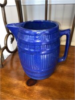 Vintage blue stoneware barrel shaped pitcher