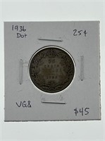1936 DOT Canada Silver 25 Cents