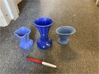 3 blue mini pottery vases