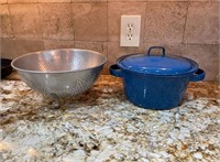 Vintage Blue Enamel Pot with Lid and Colander