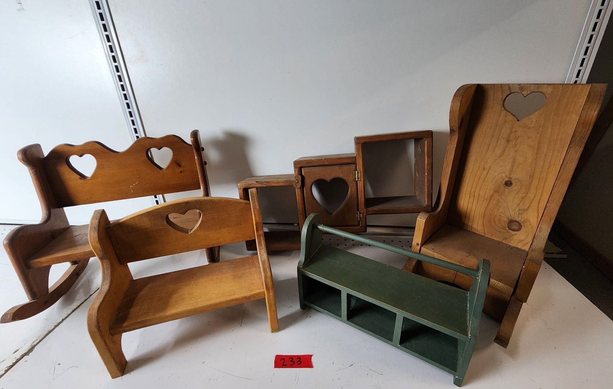 Lot of Wooden Shelves/ Doll Chairs