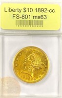 1892-CC $10 Gold Liberty Head MS-63