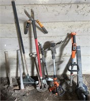 Shovels, electric weed trimmer, rake, & more tools