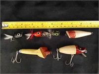 5 Vintage Wood Fishing Lures & 1 Home Made Lure