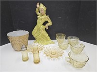 Yellow  Depression Glass Lot & Oriential Statue