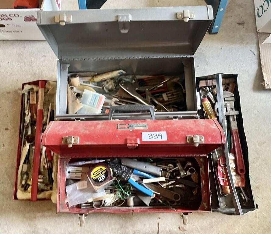 2 metal toolboxes and hand tools