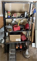 Metal garage shelf (damaged) and contents